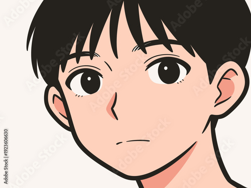 A young person with short black hair gazes ahead with a neutral expression in a plain setting. The focus is on the face and eyes.