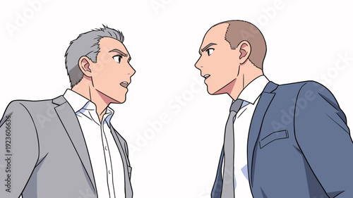 Two men are looking at each other seriously in a business environment, likely having a discussion or negotiation.
