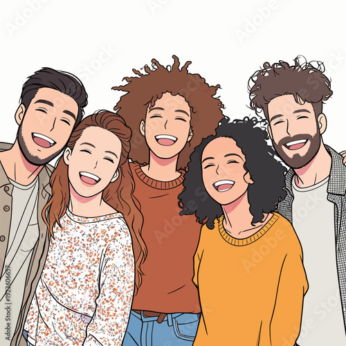 Five friends stand close, smiling and enjoying their time together on a sunny day. They share laughter and fun moments.