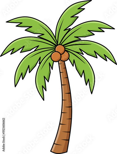 Coconut palm tree cartoon illustration for tropical summer vacation theme, beach party decoration, and island travel graphic design