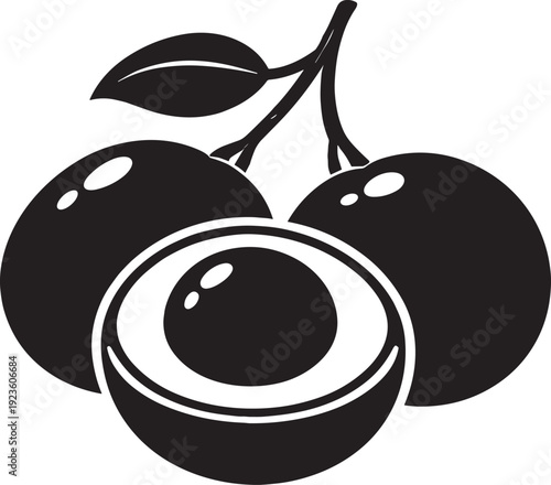 Black silhouette of Longan with one cut in half showing seed on transparent background