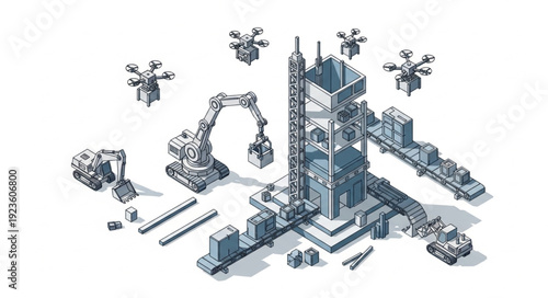 Futuristic Cityscape with Robots and Drones.