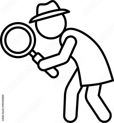 Detective character line art with magnifying glass for mystery investigation concept, kids coloring activity, and private investigator icon
