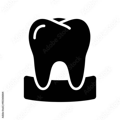 High-contrast minimalist vector illustration of a molar tooth in black and white, isolated on a gray background, ideal for dental care, health, and medical design projects.