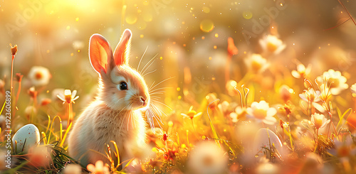 Adorable Easter bunny sitting in blooming spring meadow with colorful eggs and warm golden sunlight, symbolizing holiday celebration, renewal, joy, innocence and seasonal festive atmosphere