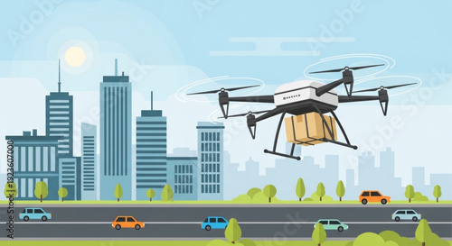 Drone flying over city road with cars and skyscrapers in background