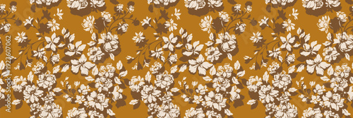 Seamless vintage floral vector pattern with elegant beige blossoms and leaves on a warm brown background. Classic botanical design ideal for fabric, wallpaper, wrapping, and decor