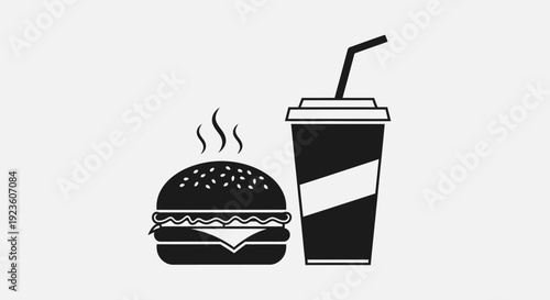 Fast food icon in minimalist flat vector style featuring a burger and takeaway drink cup.