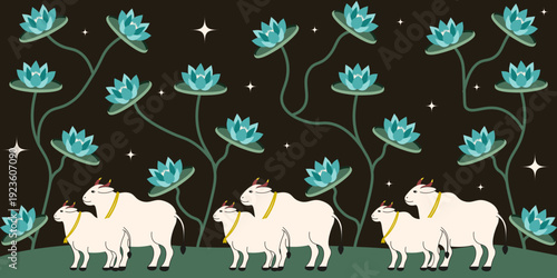Pichwai indian horizontal art. Vector illustration of cows and lotus floral branch isolated dark background. Perfect Pichwai wall decoration design. EPS 10