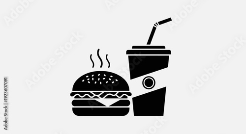 Fast food icon in minimalist flat vector style featuring a burger and takeaway drink cup.