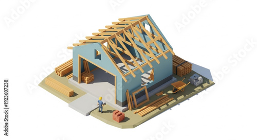 House Under Construction with Roof Beams.