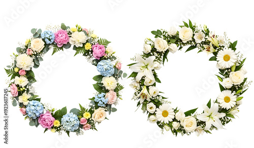 Two beautiful circular floral wreaths made of fresh flowers including roses, lilies, daisies, hydrangeas, and green leaves, arranged on a black background. Perfect for wedding design,