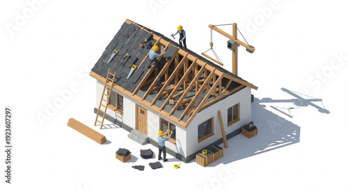 House Under Construction with Workers.