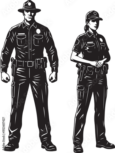  Two security guard silhouettes standing alert, isolated vector