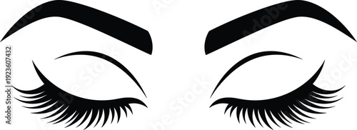 Closed eyes with dramatic eyelashes and bold eyebrows vector illustration, black silhouette makeup design, minimalist beauty logo isolated on white background