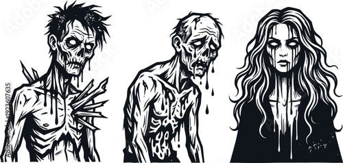 Creepy Zombie Character Set Illustration, Undead Horror Portrait Collection, Gothic Black and White Hand Drawn Halloween Vector Art Design