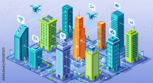 Smart cityscape with modern buildings drones and wi fi symbols representing urban technology and connectivity