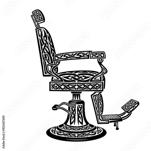 Vintage barber chair with intricate design and footrest mechanism  