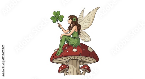 Fairy in green sitting on a red mushroom.