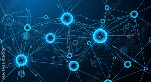Network connections and nodes on a dark blue background with glowing blue lines and circles representing technology and data exchange