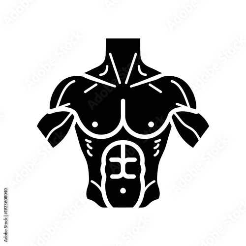 High-contrast black and white vector illustration of a muscular male torso, symbolizing fitness, strength, and bodybuilding, ideal for sports, health, and workout designs.