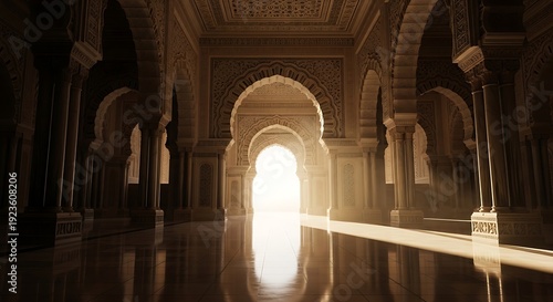 Sunlight streaming through an ornate archway in a historic architectural space