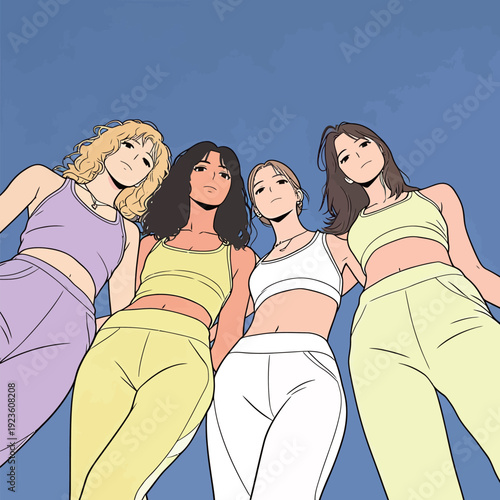 Four friends stand together outdoors wearing matching workout clothes while looking at the camera. It is sunny and bright outside.