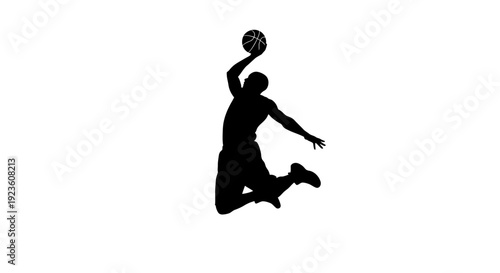 Basketball player silhouette jumping with ball in air motion graphic on white background