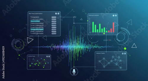 Vibrant sound wave visualization with graphs and charts on a futuristic interface background