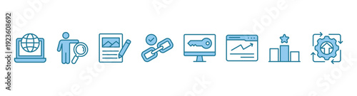 SEO banner web icon vector illustration concept for search engine optimization with icon of website, analysis, content, backlinks, keywords, traffic, ranking, and optimization