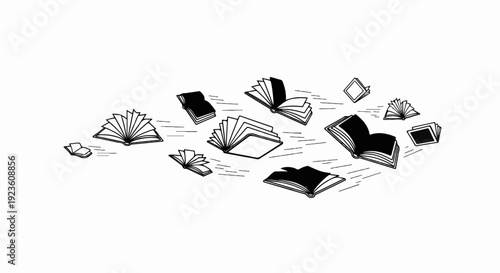 Collection of open and closed books in black and white illustration