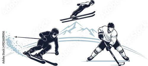 Diverse winter sports illustrated with athletes in action against mountains