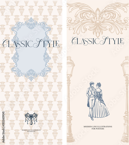 A ready-made wedding design set in a vintage, classic style. Flat, linear digital illustration in a monochrome color scheme, hand-drawn. Fully editable vector.