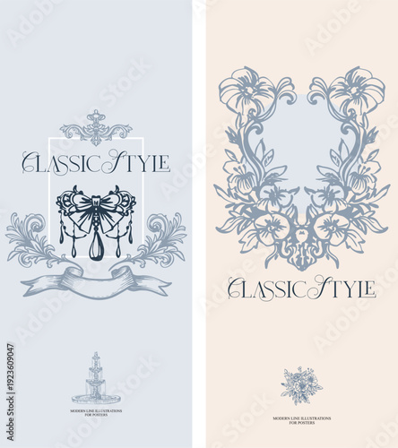 A ready-made wedding design set in a vintage, classic style. Flat, linear digital illustration in a monochrome color scheme, hand-drawn. Fully editable vector.