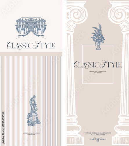 A ready-made wedding design set in a vintage, classic style. Flat, linear digital illustration in a monochrome color scheme, hand-drawn. Fully editable vector.
