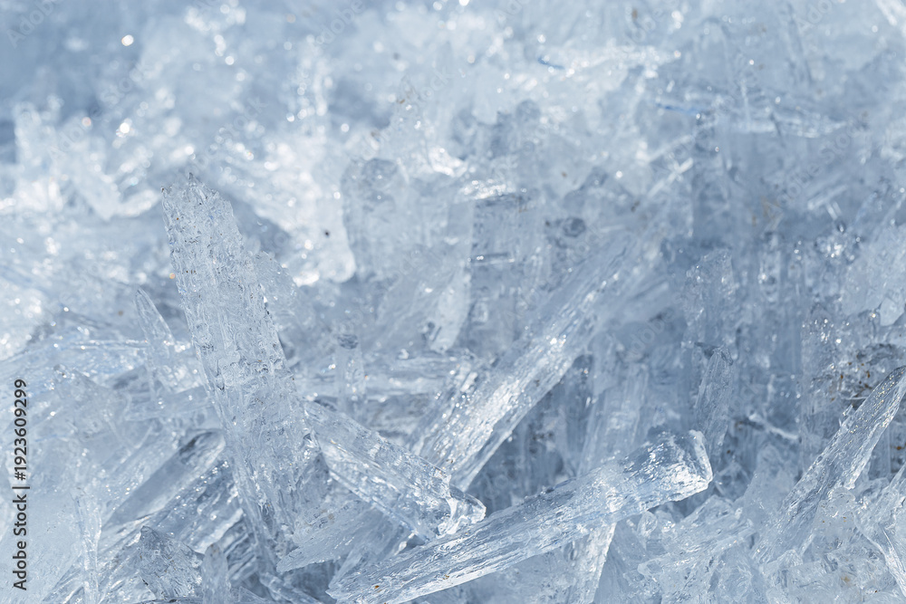 Obraz premium Natural ice formations as needles as crystalline pattern in cold seasonal environment. Concept of elemental beauty, serene wilderness mood. Macro detailed winter background with frozen icy icicles.
