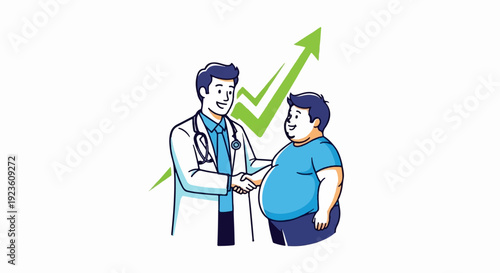 Doctor and overweight person shaking hands with upward trend graph