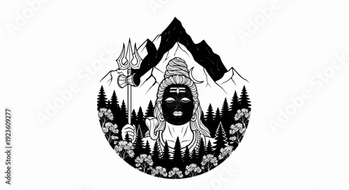 Divine figure with trident amidst mountains, trees, and flowers