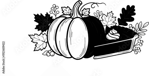Black and white illustration of pumpkin and pie with autumn leaves