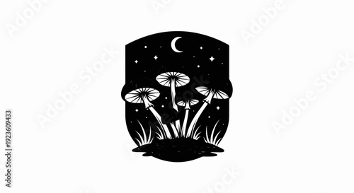 Black and white illustration of mushrooms under a starry night sky