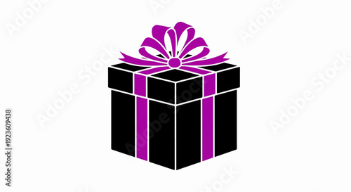 Black gift box with purple ribbons and bow on white background