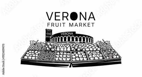 Black and white illustration of a fruit market with a historical arena and tower