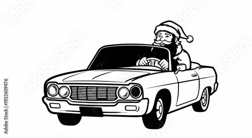 Black and white illustration of Santa Claus driving a convertible car
