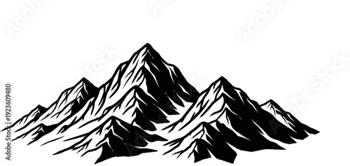 Dramatic black and white illustration of a rugged mountain range with sharp peaks