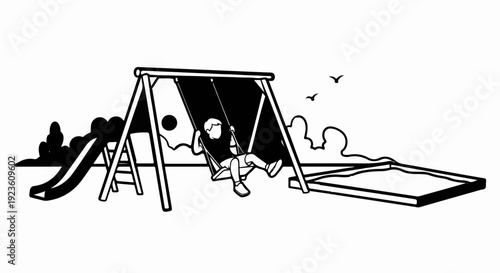 Black and white illustration of a child on a swing set next to a slide and sandbox