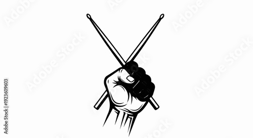 Black and white illustration of a clenched fist holding crossed drumsticks