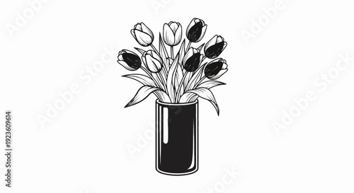 Black and white illustration of tulips in a dark vase