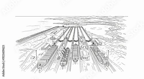 Aerial view of a canal system with multiple large ships and surrounding landscape