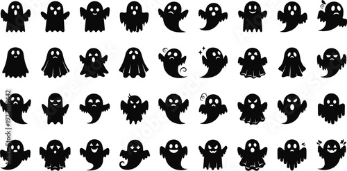 White silhouettes of cute spooky ghost characters with various expressions on black background for Halloween seasonal holiday and party invitation design elements