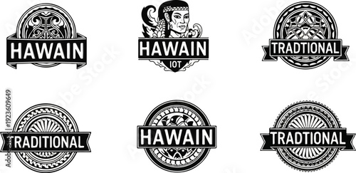 Collection of Hawaiian and Traditional inspired emblem logos with tribal patterns